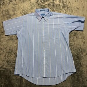 Towncraft Button Up Shirt Mens Large Blue Striped Short Sleeve Wrinkle Free